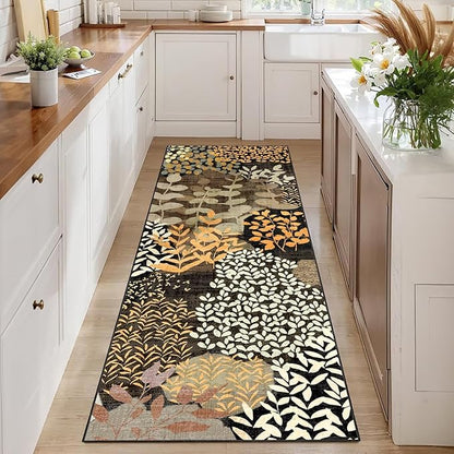 DEXDE Runner Rug 2x6, Washable Hallway Boho Soft Area Rugs Abstract Long Non Slip Botanical Leaves Floral Print Carpet for Entryway Kitchen Laundry Bedroom,Black