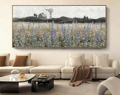 Nicetop Extra Large Vintage Framed Wall Art Nature Wilderness Lavender Flower Meadow Landscape Retro Farmhouse Windmill Barn Wildflower Canvas Print Oversized Artwork for Living Room Office 86x 39inch