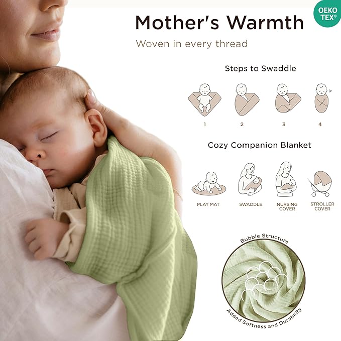 Threadmill Muslin Baby Blanket | 4 Layer Swaddle Blankets for Newborns| Multi-Use Muslin Blankets 41 x 37| Ultra-Soft Breathable Baby Wrap for Boys & Girls| Registry Essential| Sage Green