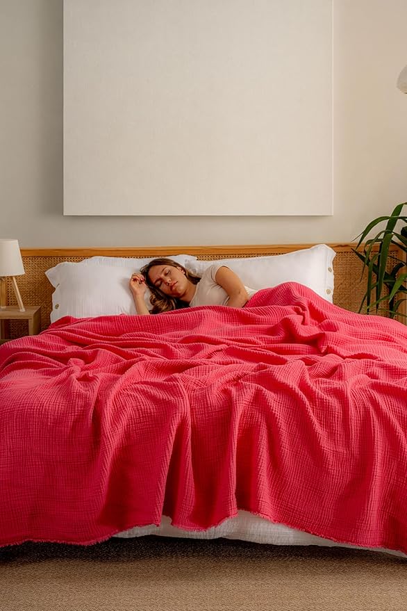 Muslin Blanket - Pure 100% Turkish Cotton Airy Soft Light Versatile Gauze Throw Blanket for Bed, Couch, Sofa (Fuchsia, Queen XL Size (95" x 95" inch))