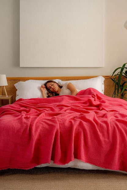 Muslin Blanket - Pure 100% Turkish Cotton Airy Soft Light Versatile Gauze Throw Blanket for Bed, Couch, Sofa (Fuchsia, King Size (95" x 110" inch))