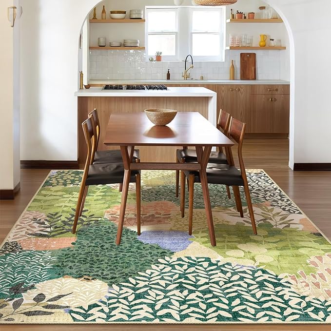 DEXDE Area Rugs for Living Room 4x6.5, Washable Non Slip Boho Rugs Throw Carpet for Bedroom Bedside Dorm Dining Room Indoor Soft Floral Home Decor, Green