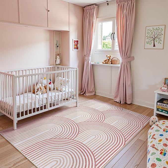 Moynesa Abstract Rainbow 6x9 Area Rugs for Living Room, Washable Soft Pink Rug for Bedroom Girl Nursery Classroom Ultra-Thin, Mid Century Modern Boho Large Floor Carpet for Playroom Home Office