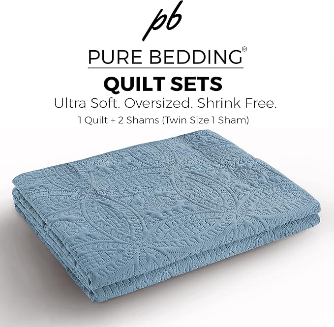 Quilt Set King/Cal King/California King Size Ash Blue - Oversized Bedspread - Soft Microfiber Lightweight Coverlet for All Season - 3 Piece Includes 1 Quilt and 2 Shams, Geometric Pattern