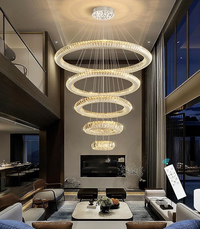 Modern Chandelier 8"+16"+24"+32"+40" 5 Rings Crystal LED Dimmable Lighting Foyer Entryway High Ceiling Living Room Chanderliers Pendant Lights Fixtures Silver Light