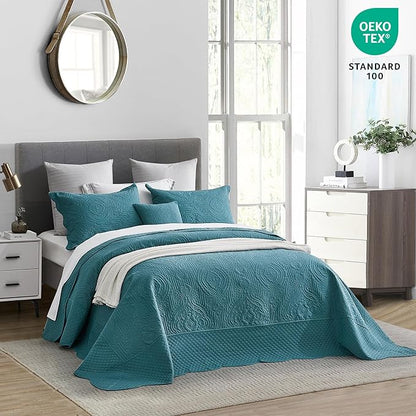 HZ & HY Oversized King Bedspread 138x122 Extra Wide, Ultrasonic Coverlet Bedding Set, Lightweight Thin Comforter, Reversible, 5 Piece, 100% Microfiber, California/Alaskan King, Lagoon