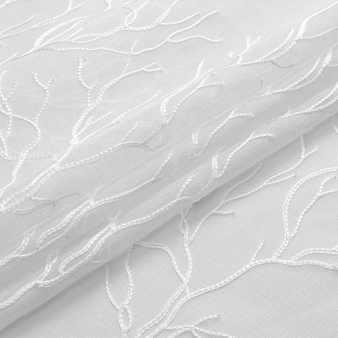 VISIONTEX Sheer Curtains 108 inch Length 2 Panels Set Decorative White Coral Embroidery Rod Pocket Embroidered Semi Sheer Window Drapes for Living Room and Bedroom 54 x 108 Inches