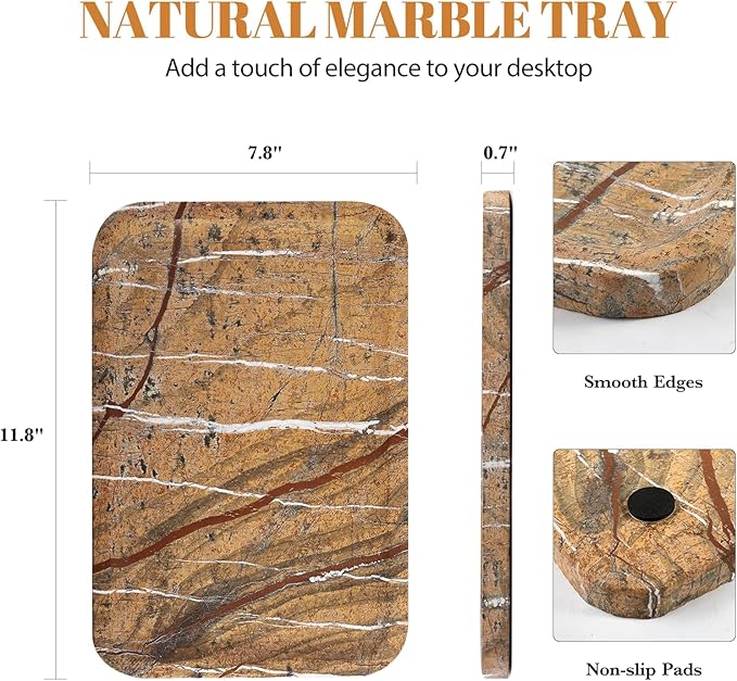 Koville Marble Tray, 12"x8" Marble Vanity Tray for Bathroom Kitchen Countertop, Rectangular Stone Tray for Cosmetics Perfume Trinket, Decorative Catchall Trays (Rainforest Gold)