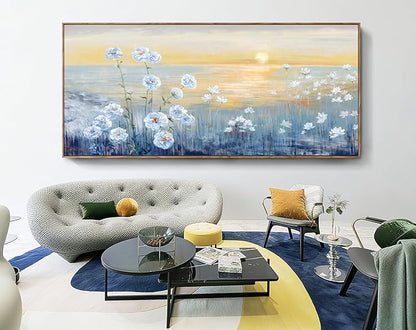 Nicetop Oversized Ocean Sunset Framed Wall Art for Living Room Extra Large Coastal Beach White Flowers Canvas Print Blue Sea Natural Scenery Picture Calm Warm Seaside Artwork for Home Office 86x39inch
