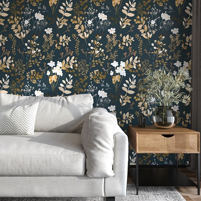Navy Floral Wallpaper Peel and Stick Boho Wallpaper Vintage Blue/Gold Leaf Contact Paper Waterproof Self Adhesive Modern Wall Paper for Cabinet Walls Kitchen 17.5" x197"