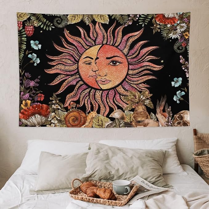 Vintage Sun Tapestry,Boho Hippie Mushroom Plant Botanical Sun and Moon Art Tapestries Wall Hanging for Dorm Living Room Bedroom Decor(40"x60")