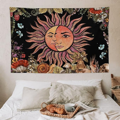 Vintage Sun Tapestry,Boho Hippie Mushroom Plant Botanical Sun and Moon Art Tapestries Wall Hanging for Dorm Living Room Bedroom Decor(40"x60")
