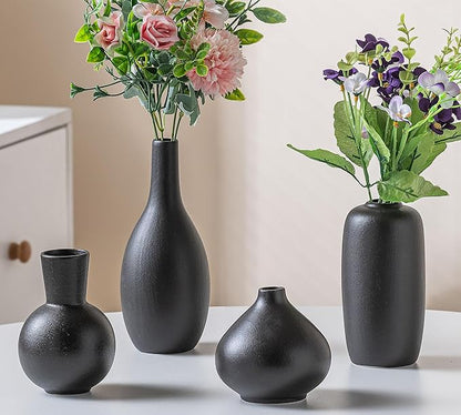 Black Ceramic Flower Vase Set of 4, Modern Farmhouse Decorative Vases for Bookshelf,Dining Room Coffee Console Table Centerpieces