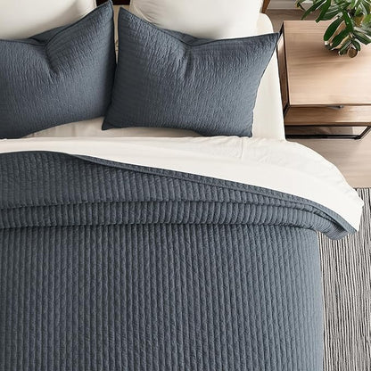 EVERGRACE Cross Stitch Pre-Washed Cotton Quilt Bedding Set King Size, Oversized 3 Pieces Lightweight Bedspread Coverlet for All Season, with 2 Matching Shams, Midnight Blue, 108"x96"