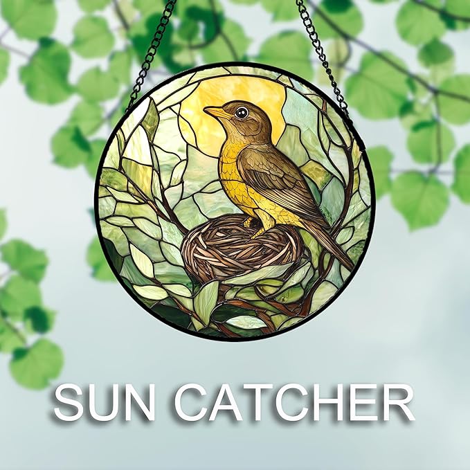 DASTOLL Stained Glass Window Hanging 4 Pcs Set Bird Theme On Branch 7.8" - Cardinal Suncatcher Door Garden Sun Catcher Decor Birthday Christmas for Mom Woman Nana Men