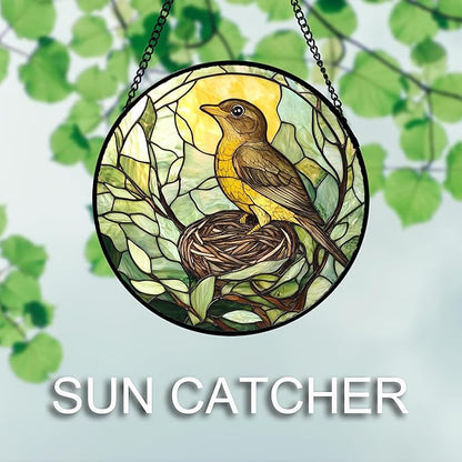 DASTOLL Stained Glass Window Hanging 4 Pcs Set Bird Theme On Branch 7.8" - Cardinal Suncatcher Door Garden Sun Catcher Decor Birthday Christmas for Mom Woman Nana Men