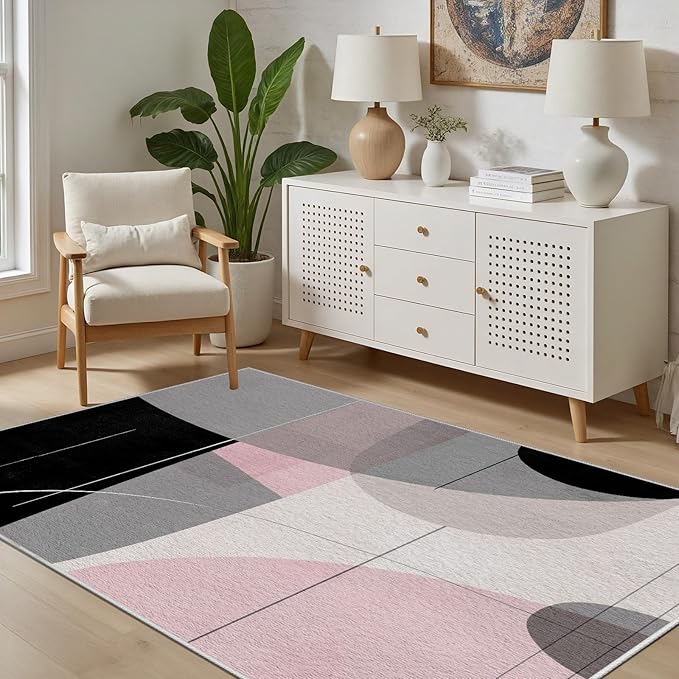 Abstract Art Line Living Room Area Rugs 6x9, Modern Boho Geometric Print Rug, Minimalist Washable Non Slip Neutral Soft Carpet for Bedroom, Dining Room Office Playroom, Black Gray