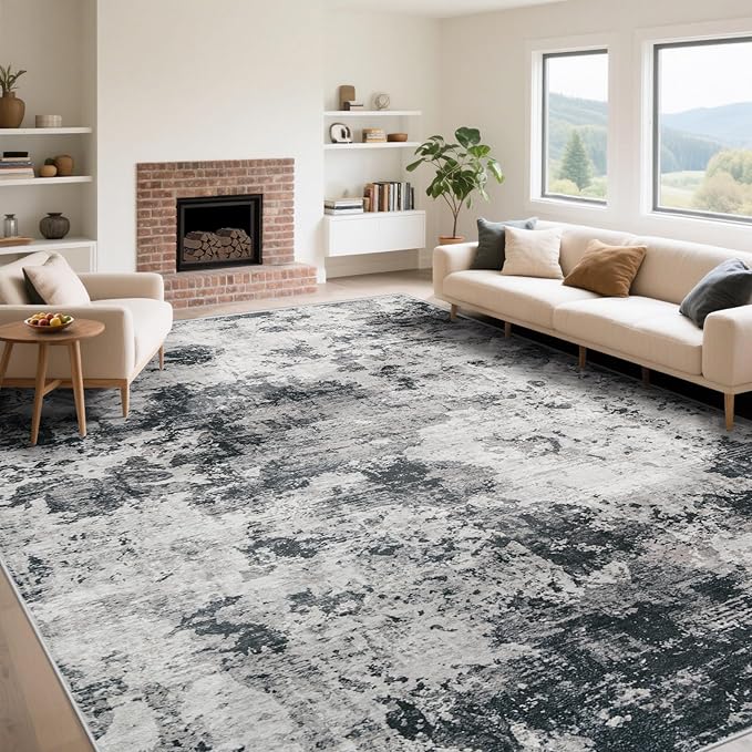 9x12 Area Rug for Living Room, Washable Modern Abstract Large Area Rug Neutral Soft Non Slip Kids Rug Stain Resistant Indoor Carpet for Bedroom Dining Room Playroom Home Office(Black, 9'x12')