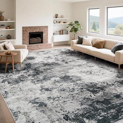 9x12 Area Rug for Living Room, Washable Modern Abstract Large Area Rug Neutral Soft Non Slip Kids Rug Stain Resistant Indoor Carpet for Bedroom Dining Room Playroom Home Office(Black, 9'x12')