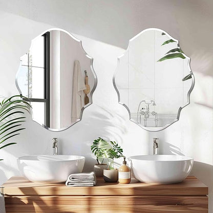 Frameless Scalloped Wall Mirror: Decorative Scallop Oval Mirrored Glass Vanity with Beveled Silver Edge for Bathroom Bedroom Livingroom Dining Room Entryway Hallway, 28 x 22 inch