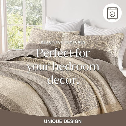 Lightweight King Bedspreads 120x120, 100% Cotton Oversized Quilt, Striped Botanical Pattern Coverlet, Reversible Farmhouse Quilted Bedding Set 3 Piece, Brown/Taupe/Cream