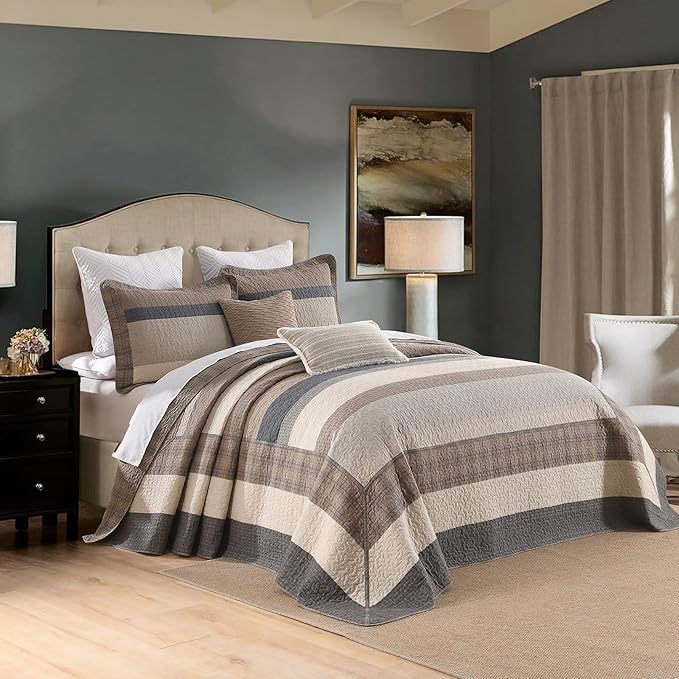 EWlinens Oversized King Bedspread Set 120"x120" - 100% Cotton Extra Large Quilts King Size, Farmhouse Patchwork Striped Plaid Bedspreads with 2 Pillow Shams, All Season, Dark Brown/Beige/Gray