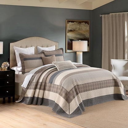 EWlinens Oversized Queen Bedspread Set 120"x102" - 100% Cotton Extra Large Quilts Queen Size, Farmhouse Patchwork Striped Plaid Bedspreads with 2 Pillow Shams, All Season, Dark Brown/Beige/Gray