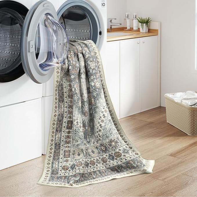zesthome 5x7 Area Rugs - Ultra-Thin Washble Rug, Stain Resistant Anti Slip Backing Rugs for Living Room,Bedroom, Vintage Home Decor Area Rug (Grey/Orange,5'x7')