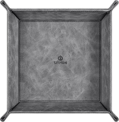 SITHON Valet Tray Desktop Storage Organizer – Premium PU Leather Catchall Bedside Vanity Tray Nightstand Caddy Holder for Remote Controller, Keys, Phone, Wallet, Coin, Jewelry (Gray)