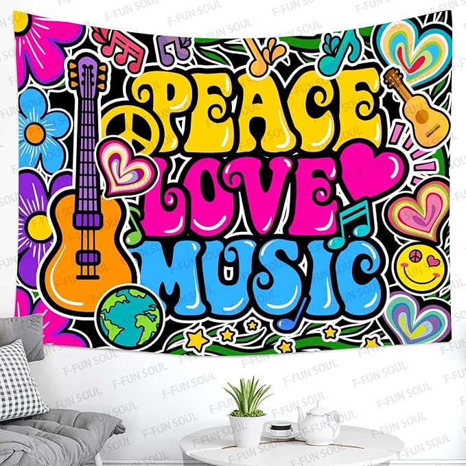 F-FUN SOUL Peace Love Tapestry Groovy Tapestry, 40x30inches, 70s Music Tapestries Psychedelic Art Tapestries Wall Hanging for Bedroom Living Room Decor Banner