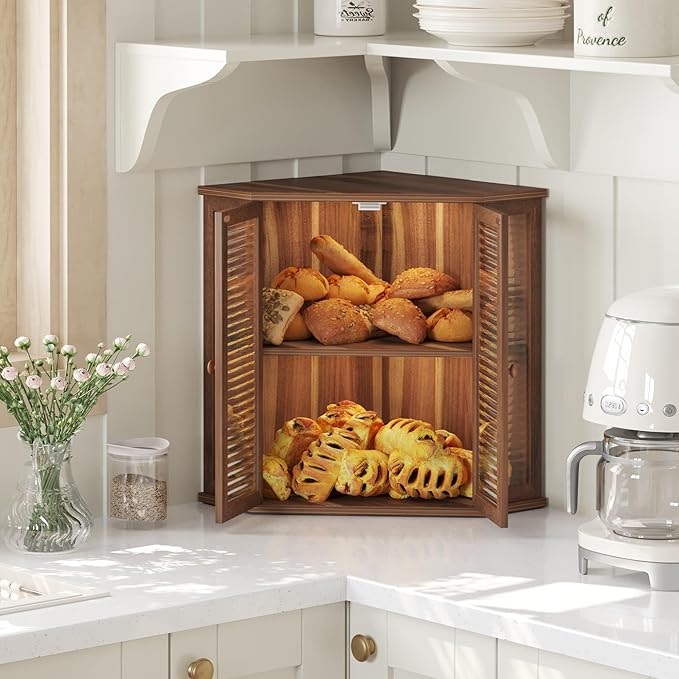 Corner bread box Bread Box for Kitchen Countertop - Corner Bread Storage Box 16.51" H, Premium Acacia Wood with Glass Door, Perfect for Homemade Bread, Baguettes & Pastries(Acacia wood)
