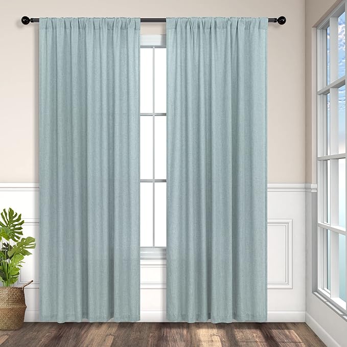 Teal Curtains 54 Inch Length for Master Bedroom 2 Panels Back Tab Pocket Blue Green Linen Semi Sheer Mist Seafoam Curtains for Living Room Summer Cabin Coastal Beach Decor Dusty Aqua Sea Green 52x54