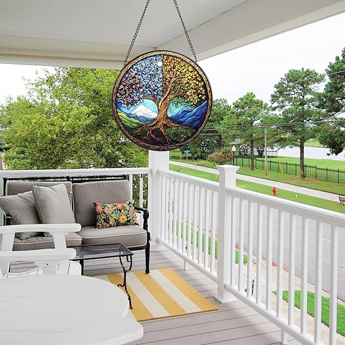 Tree of Life Stained Glass Window Hanging, 7.8" Round Sun Catcher Hand Painted Wall Art Decor with Chain, Unique Housewarming Gifts for Couples, Home