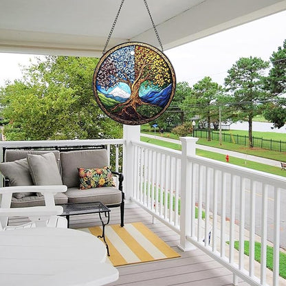 Tree of Life Stained Glass Window Hanging, 7.8" Round Sun Catcher Hand Painted Wall Art Decor with Chain, Unique Housewarming Gifts for Couples, Home