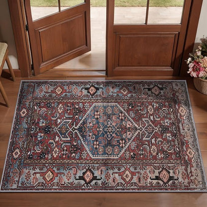 Tangsoo 2x3 Small Rugs for Entryway,Washable Vintage Oriental Entry Rug Non Slip, Soft Low Pile Throw Rugs Tribal Front Indoor Rug Small Carpet for Entrance Bedroom Kitchen Laundry Bedside (Rust Red)