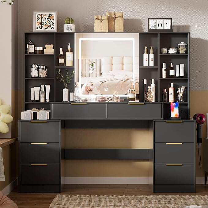 Large Makeup Vanity Desk with Lighted Mirror & Power Outlet,Dresser Table with 3 Lighting Modes Brightness Adjustable,Drawers,Shelves,Hair Dryer Stand for Bedroom,Black (No Stool)