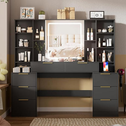 Large Makeup Vanity Desk with Lighted Mirror & Power Outlet,Dresser Table with 3 Lighting Modes Brightness Adjustable,Drawers,Shelves,Hair Dryer Stand for Bedroom,Black (No Stool)