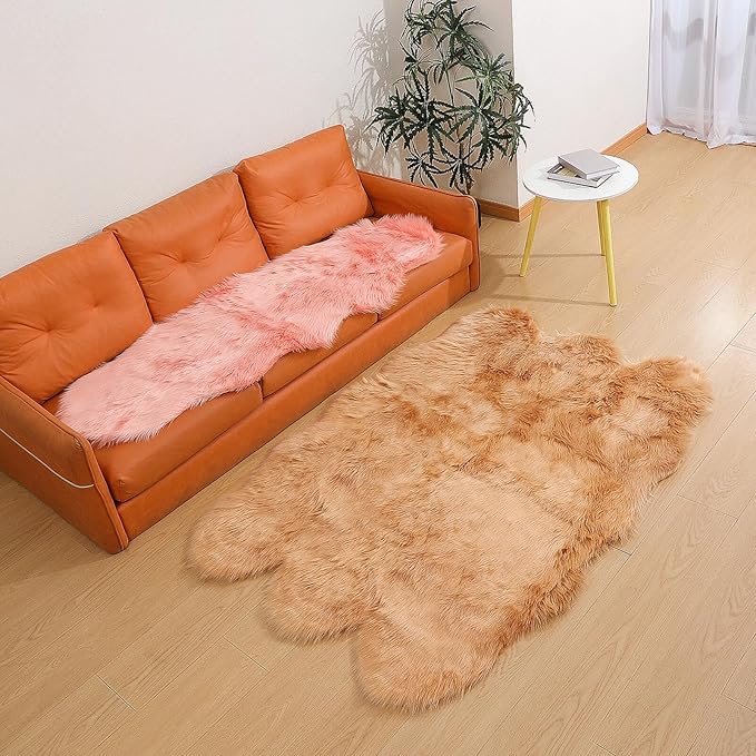 Faux Fur Rug Sheepskin Shag Fluffy Fuzzy Beige 4x6 ft Rugs for Bedroom Bedside Bed Floor Living Room Plush High-Density Cushion Carpet Super Sofa Cover