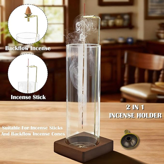 1 Pack HZCPENG Incense Holder, 2 in 1 Incense Burner for Sticks or Backflow Incense, Anti-ash Round Incence-Stick Holder with Wooden Base for Meditation, Yoga, Relaxation, and Home Décor