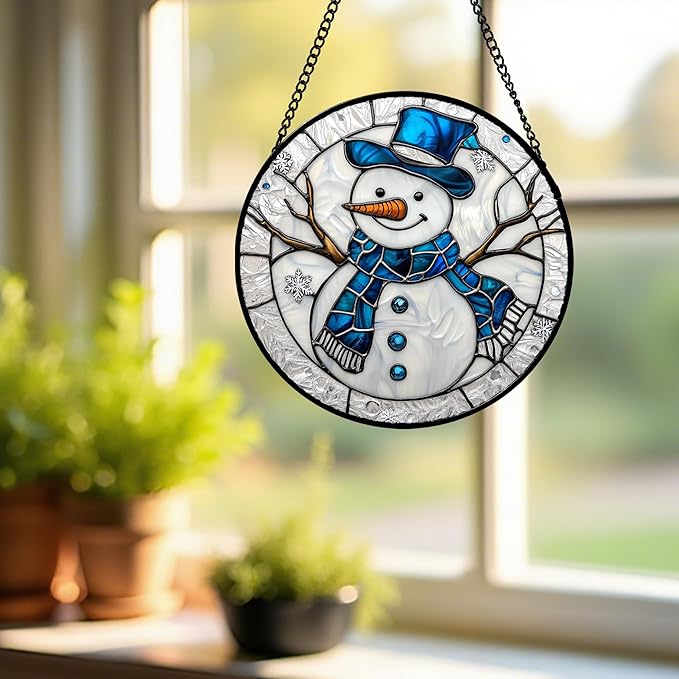Stained Glass Window Hanging Christmas Snowman Blue White 6.3" - Suncatcher Door Garden Sun Catcher Home Decor Birthday Mother's Day Xmas Gift for Mom Men Woman Her Nana Parents Girl
