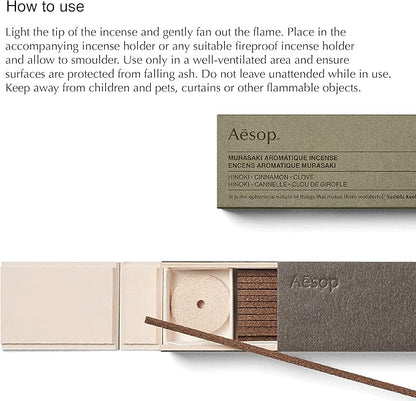 Aesop Murasaki Aromatique Incense | Fresh, Woody Resins of Hinoki and Warm Spice | with Kanuma Pumice Holder | 33 Sticks