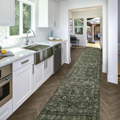 Morebes Vintage Carpet Runners for Hallway 12ft,Washable Extra Long Runner Rug for Entryway Indoor Non-Slip,Distressed Retro Soft Throw Rug for Kitchen Farmhouse Dining Room, Dark Green