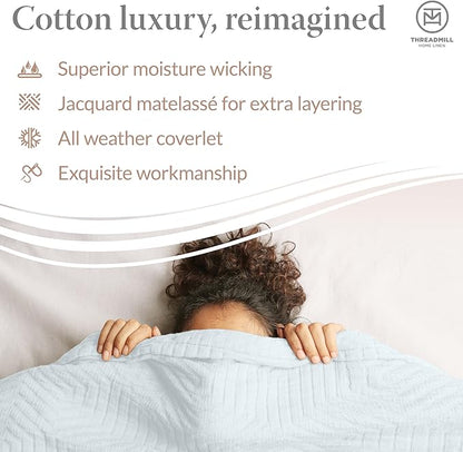 Threadmill Luxury Cotton Blankets for Queen Size Bed | All-Season 100% Cotton Queen Size Blanket | Aster Jacquard Cozy Lightweight, Soft Breathable Coverlet fits Full Size Bed, 90x92 | Light Blue