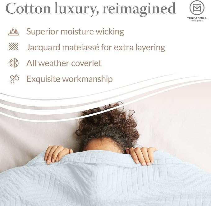 Threadmill Luxury Cotton Blankets for Twin Size Bed | All-Season 100% Cotton Twin Blanket for Bed | Aster Jacquard Lightweight, Soft & Cozy Coverlet, 350GSM, 68 x 90 inches | Light Blue