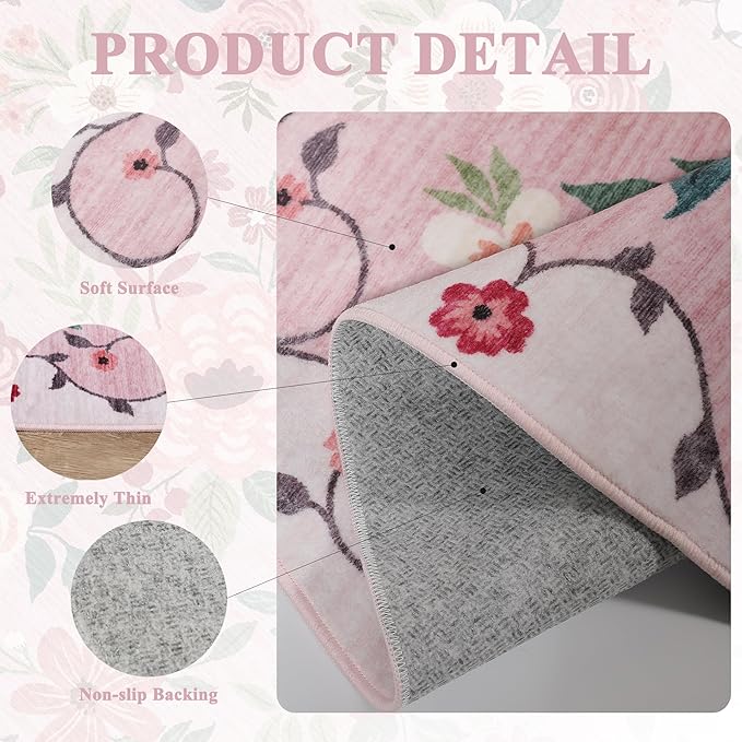DUKINO 4x6 Area Rug, Floral Rugs for Living Room, Lightweight Non Slip Washable Rug, Indoor Low Pile & Non-Shedding Boho Design Rugs for Bedroom, Living Room, Dining Room, Pink