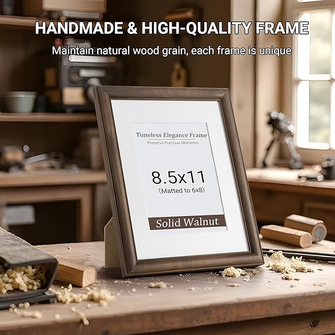 Heimlove 8.5x11 Picture Frame,Natural Solid Walnut Wood Frame Matted to 6x8 with Tempered Glass,8.5"x11" Handcrafted Diploma Document Frames Frame Vertical or Horizontal Wall Hanging Display,1 Pack