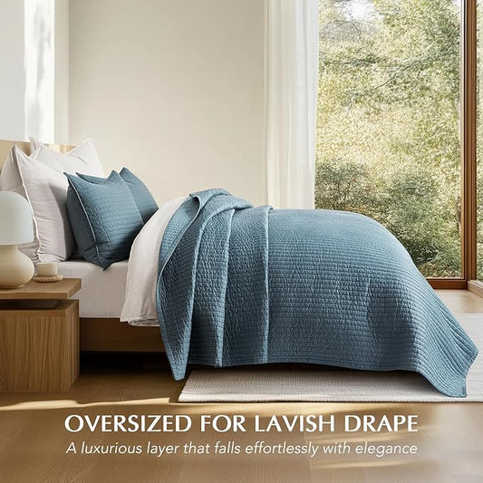 EVERGRACEHOME Cotton Sateen Quilt Set Queen Size, Pre-Washed Cotton Channel Stitch Coverlet Bedspread, 3 Pieces Lightweight Soft Bedding Sets for All Season, with 2 Pillow Shams, Sonoma Blue