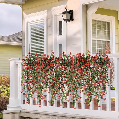 Artificial Hanging Flowers for Outdoors, 2 Pcs Fake Hanging Plant Spring Summer Decor, UV Resistant No Fade Realistic Faux Flower for Front Door Porch Planter Patio Garden Yard(Red Brown)