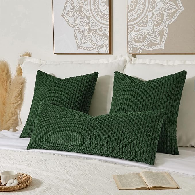 Kevin Textile 20x54 Inch Long Body Lumbar 1 Pack Boho Decorative Throw Pillow Cover Soft Striped Corduroy Rectangle Cushion Case Farmhouse Accent for Living Room Couch Sofa Bed, Dark Green