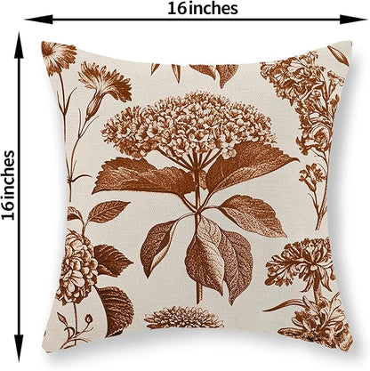 Orange Pillow Covers 16x16 Set of 2 Vintage Boho Floral Hydrangea Herbs Botanical Fall Throw Pillows Fall Outdoor Decoration Pillowcase Linen Farmhouse Cushion Case Decorative for Couch Sofa